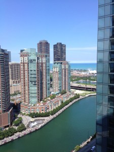 The view out our hotel room of the Navy Pier and Lake Michigan 